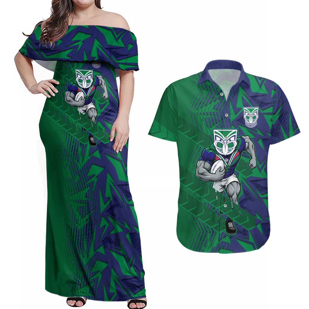 New Zealand Warriors Rugby Couples Matching Off Shoulder Maxi Dress and Hawaiian Shirt Fierce Mascot Geometric Tribal Art