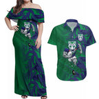 New Zealand Warriors Rugby Couples Matching Off Shoulder Maxi Dress and Hawaiian Shirt Fierce Mascot Geometric Tribal Art