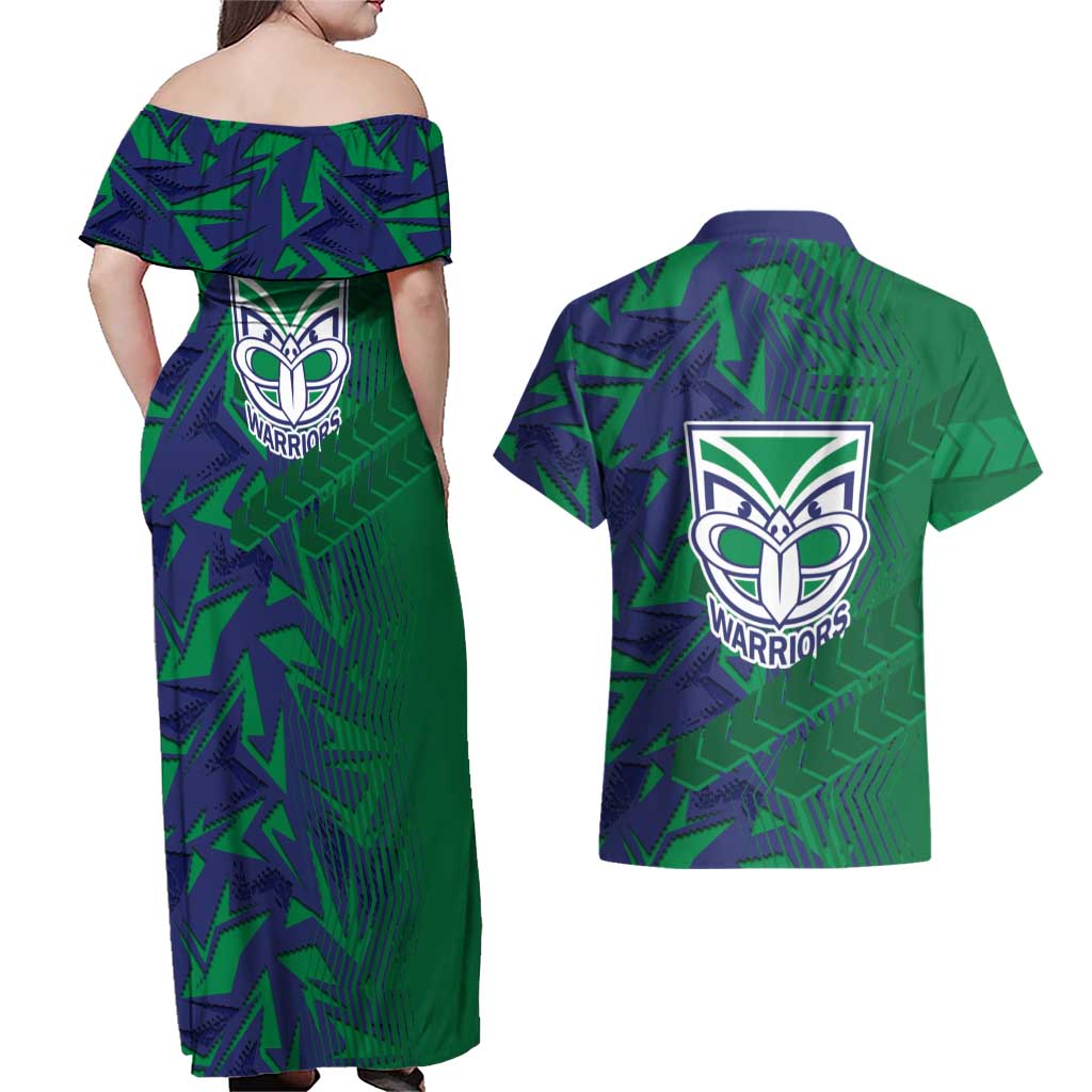 New Zealand Warriors Rugby Couples Matching Off Shoulder Maxi Dress and Hawaiian Shirt Fierce Mascot Geometric Tribal Art