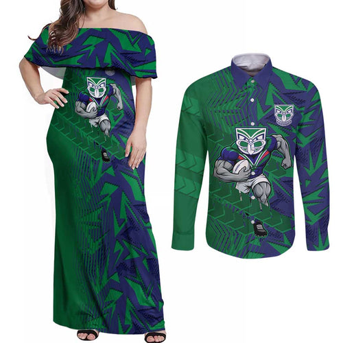New Zealand Warriors Rugby Couples Matching Off Shoulder Maxi Dress and Long Sleeve Button Shirt Fierce Mascot Geometric Tribal Art
