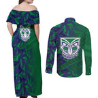 New Zealand Warriors Rugby Couples Matching Off Shoulder Maxi Dress and Long Sleeve Button Shirt Fierce Mascot Geometric Tribal Art