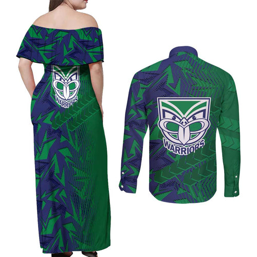 New Zealand Warriors Rugby Couples Matching Off Shoulder Maxi Dress and Long Sleeve Button Shirt Fierce Mascot Geometric Tribal Art