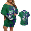 New Zealand Warriors Rugby Couples Matching Off Shoulder Short Dress and Hawaiian Shirt Fierce Mascot Geometric Tribal Art
