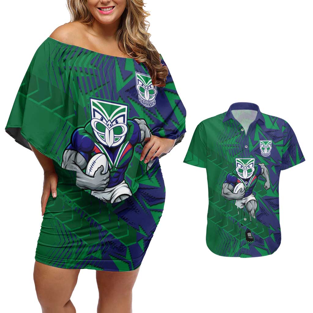 New Zealand Warriors Rugby Couples Matching Off Shoulder Short Dress and Hawaiian Shirt Fierce Mascot Geometric Tribal Art