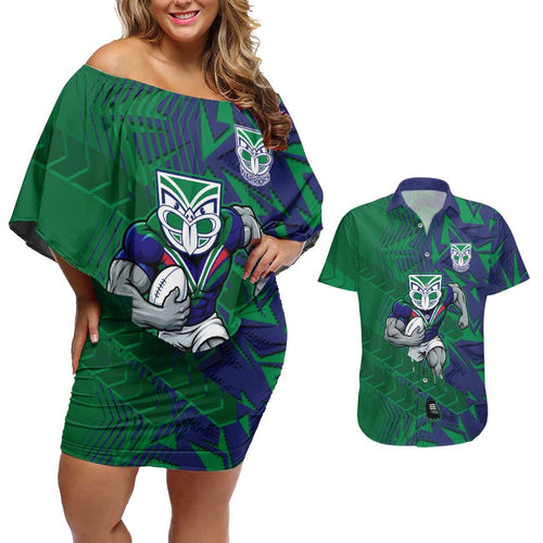 New Zealand Warriors Rugby Couples Matching Off Shoulder Short Dress and Hawaiian Shirt Fierce Mascot Geometric Tribal Art
