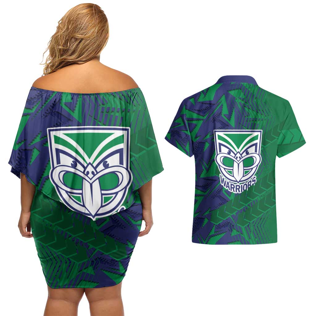New Zealand Warriors Rugby Couples Matching Off Shoulder Short Dress and Hawaiian Shirt Fierce Mascot Geometric Tribal Art