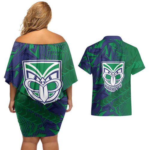 New Zealand Warriors Rugby Couples Matching Off Shoulder Short Dress and Hawaiian Shirt Fierce Mascot Geometric Tribal Art