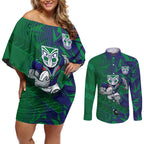 New Zealand Warriors Rugby Couples Matching Off Shoulder Short Dress and Long Sleeve Button Shirt Fierce Mascot Geometric Tribal Art
