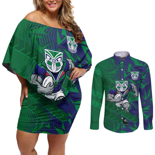 New Zealand Warriors Rugby Couples Matching Off Shoulder Short Dress and Long Sleeve Button Shirt Fierce Mascot Geometric Tribal Art