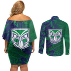 New Zealand Warriors Rugby Couples Matching Off Shoulder Short Dress and Long Sleeve Button Shirt Fierce Mascot Geometric Tribal Art