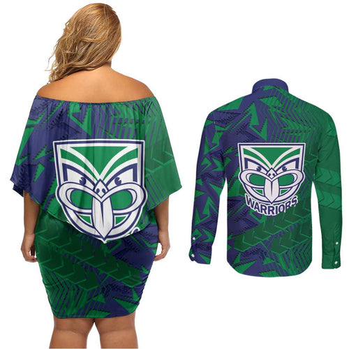 New Zealand Warriors Rugby Couples Matching Off Shoulder Short Dress and Long Sleeve Button Shirt Fierce Mascot Geometric Tribal Art