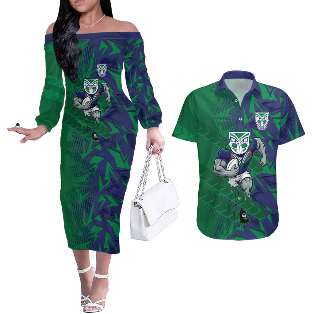New Zealand Warriors Rugby Couples Matching Off The Shoulder Long Sleeve Dress and Hawaiian Shirt Fierce Mascot Geometric Tribal Art