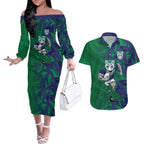 New Zealand Warriors Rugby Couples Matching Off The Shoulder Long Sleeve Dress and Hawaiian Shirt Fierce Mascot Geometric Tribal Art