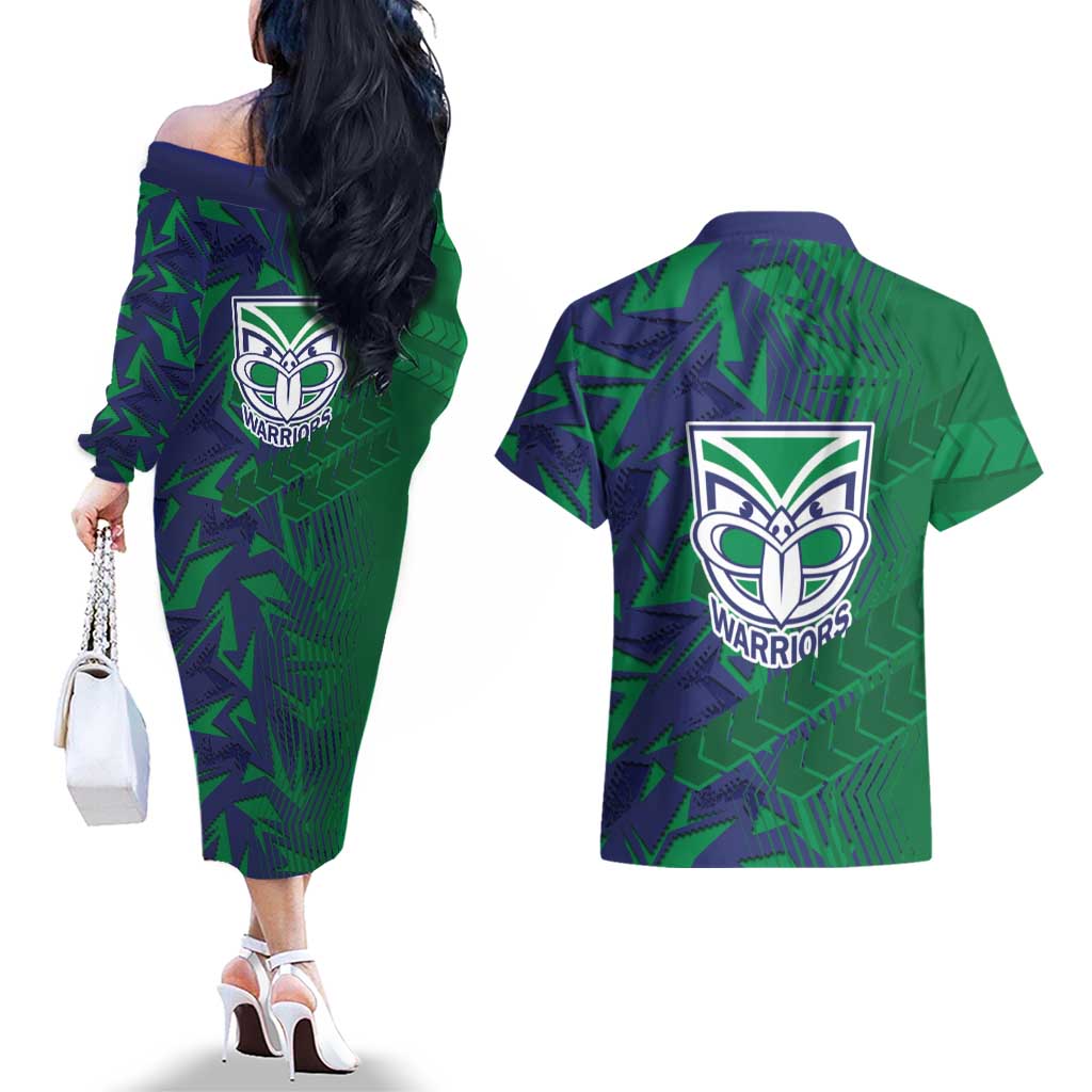New Zealand Warriors Rugby Couples Matching Off The Shoulder Long Sleeve Dress and Hawaiian Shirt Fierce Mascot Geometric Tribal Art
