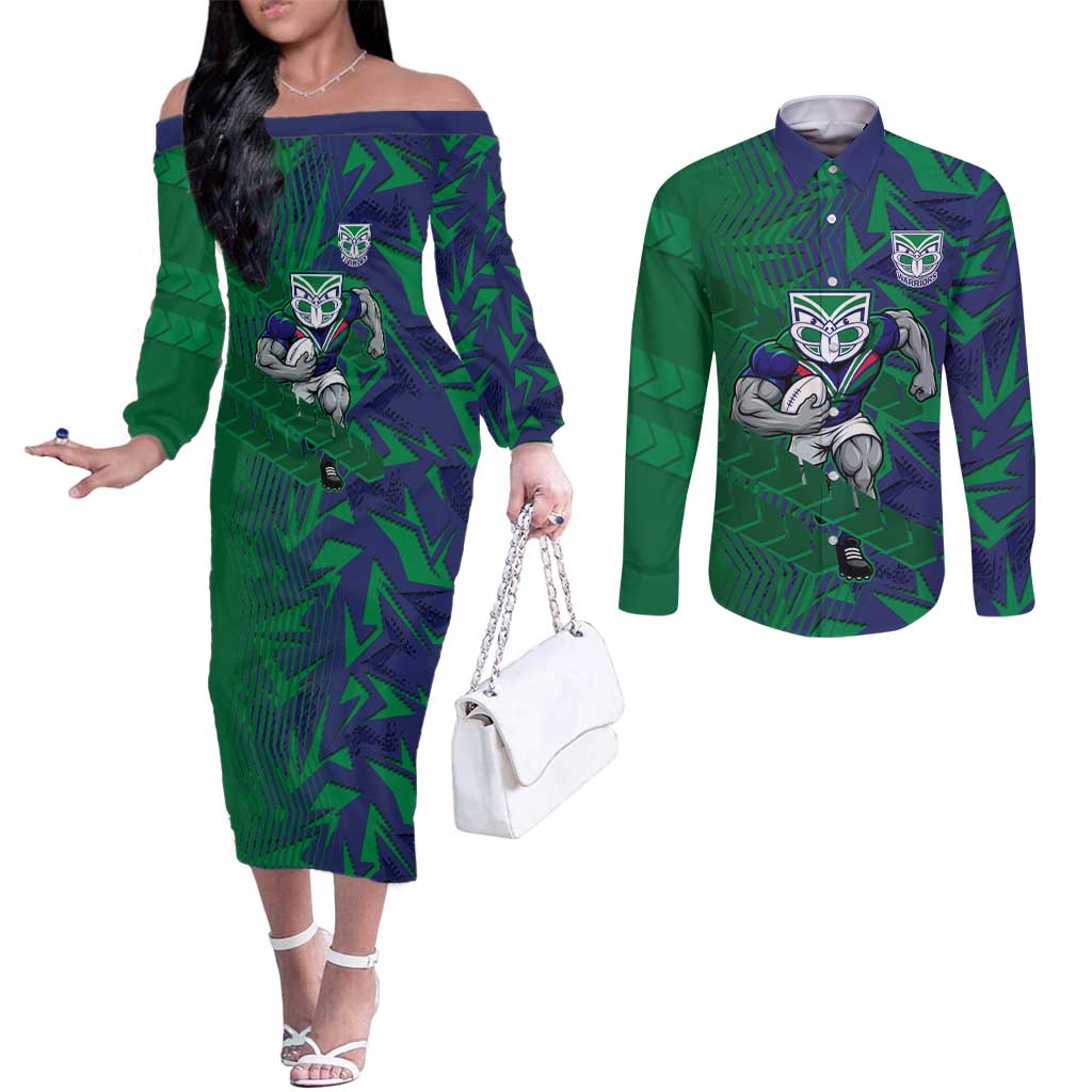 New Zealand Warriors Rugby Couples Matching Off The Shoulder Long Sleeve Dress and Long Sleeve Button Shirt Fierce Mascot Geometric Tribal Art