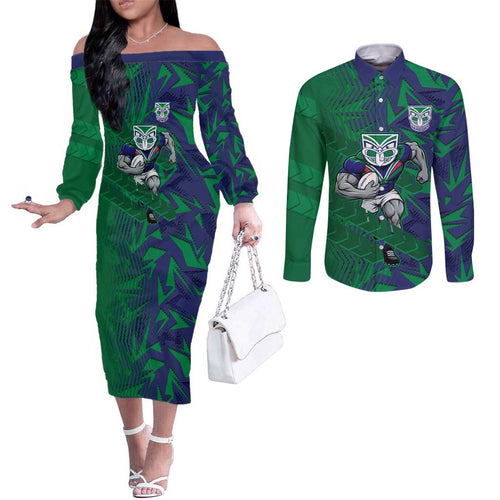 New Zealand Warriors Rugby Couples Matching Off The Shoulder Long Sleeve Dress and Long Sleeve Button Shirt Fierce Mascot Geometric Tribal Art