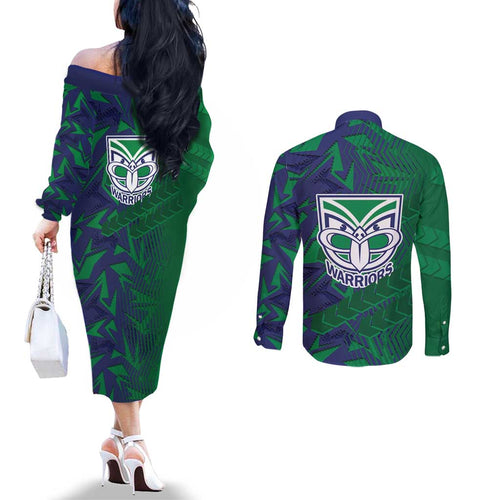 New Zealand Warriors Rugby Couples Matching Off The Shoulder Long Sleeve Dress and Long Sleeve Button Shirt Fierce Mascot Geometric Tribal Art