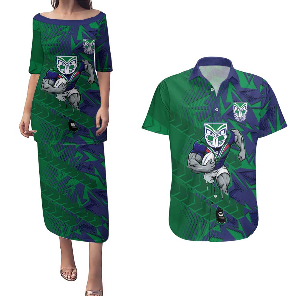 New Zealand Warriors Rugby Couples Matching Puletasi and Hawaiian Shirt Fierce Mascot Geometric Tribal Art