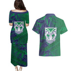 New Zealand Warriors Rugby Couples Matching Puletasi and Hawaiian Shirt Fierce Mascot Geometric Tribal Art