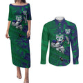 New Zealand Warriors Rugby Couples Matching Puletasi and Long Sleeve Button Shirt Fierce Mascot Geometric Tribal Art