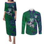 New Zealand Warriors Rugby Couples Matching Puletasi and Long Sleeve Button Shirt Fierce Mascot Geometric Tribal Art