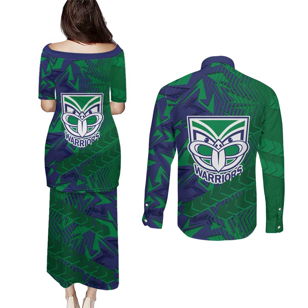New Zealand Warriors Rugby Couples Matching Puletasi and Long Sleeve Button Shirt Fierce Mascot Geometric Tribal Art