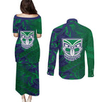 New Zealand Warriors Rugby Couples Matching Puletasi and Long Sleeve Button Shirt Fierce Mascot Geometric Tribal Art