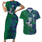 New Zealand Warriors Rugby Couples Matching Short Sleeve Bodycon Dress and Hawaiian Shirt Fierce Mascot Geometric Tribal Art