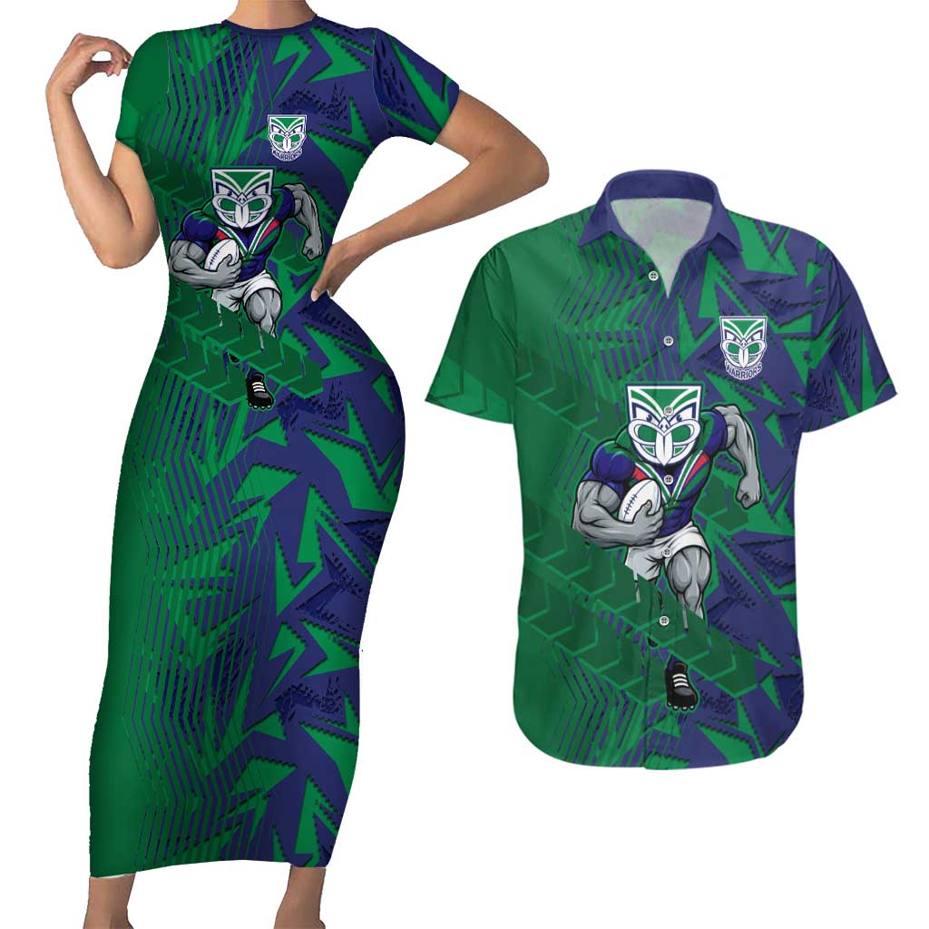 New Zealand Warriors Rugby Couples Matching Short Sleeve Bodycon Dress and Hawaiian Shirt Fierce Mascot Geometric Tribal Art