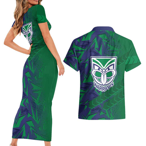 New Zealand Warriors Rugby Couples Matching Short Sleeve Bodycon Dress and Hawaiian Shirt Fierce Mascot Geometric Tribal Art
