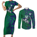 New Zealand Warriors Rugby Couples Matching Short Sleeve Bodycon Dress and Long Sleeve Button Shirt Fierce Mascot Geometric Tribal Art