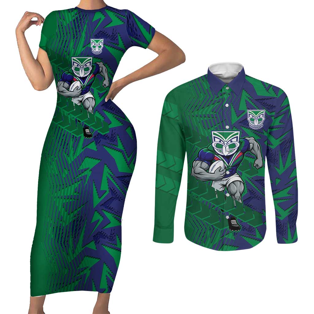 New Zealand Warriors Rugby Couples Matching Short Sleeve Bodycon Dress and Long Sleeve Button Shirt Fierce Mascot Geometric Tribal Art