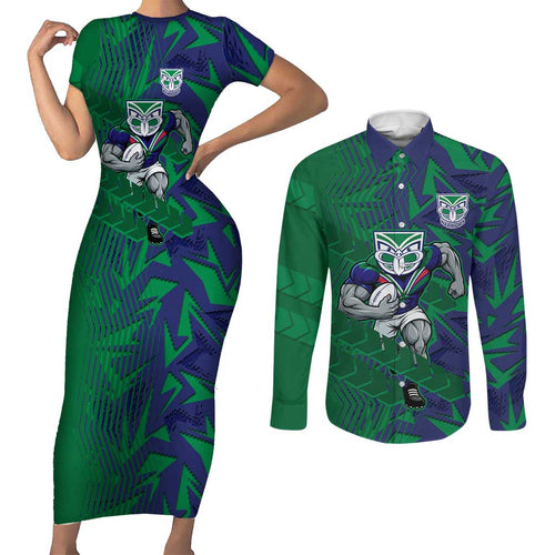 New Zealand Warriors Rugby Couples Matching Short Sleeve Bodycon Dress and Long Sleeve Button Shirt Fierce Mascot Geometric Tribal Art