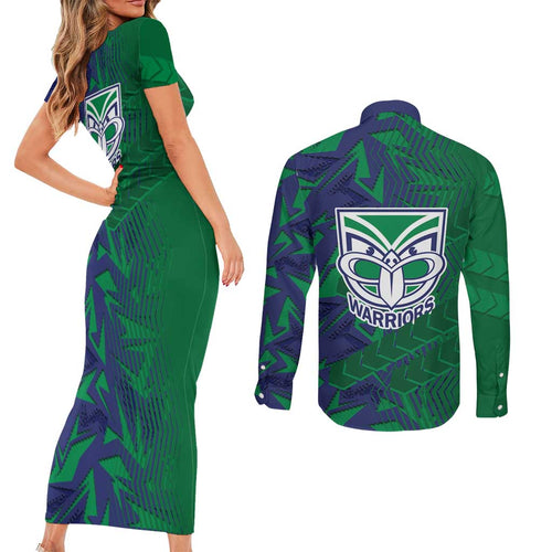 New Zealand Warriors Rugby Couples Matching Short Sleeve Bodycon Dress and Long Sleeve Button Shirt Fierce Mascot Geometric Tribal Art
