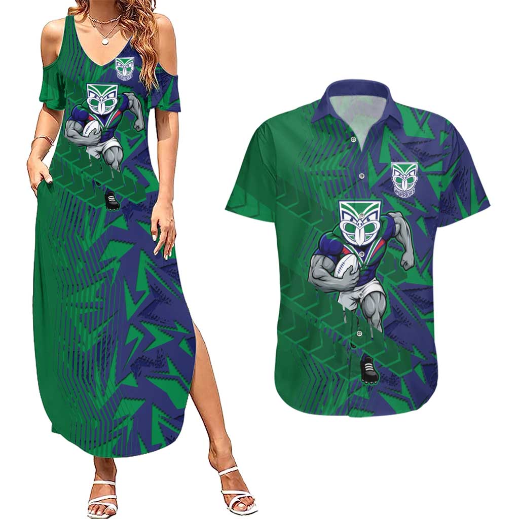 New Zealand Warriors Rugby Couples Matching Summer Maxi Dress and Hawaiian Shirt Fierce Mascot Geometric Tribal Art