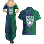 New Zealand Warriors Rugby Couples Matching Summer Maxi Dress and Hawaiian Shirt Fierce Mascot Geometric Tribal Art
