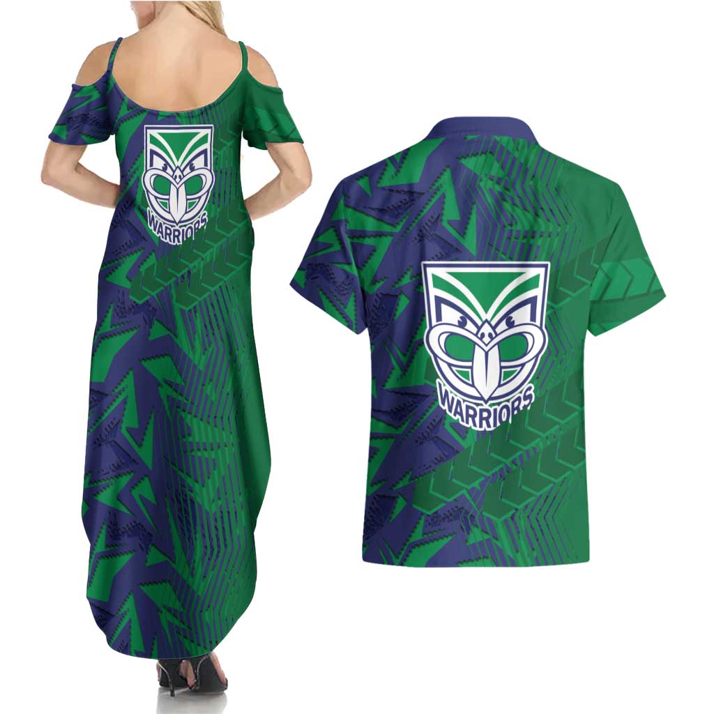 New Zealand Warriors Rugby Couples Matching Summer Maxi Dress and Hawaiian Shirt Fierce Mascot Geometric Tribal Art