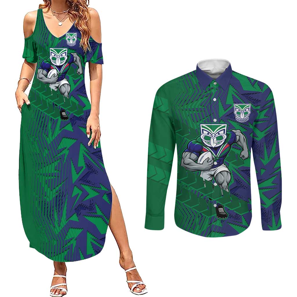 New Zealand Warriors Rugby Couples Matching Summer Maxi Dress and Long Sleeve Button Shirt Fierce Mascot Geometric Tribal Art