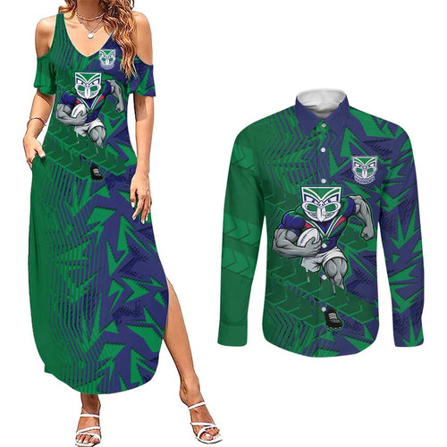 New Zealand Warriors Rugby Couples Matching Summer Maxi Dress and Long Sleeve Button Shirt Fierce Mascot Geometric Tribal Art