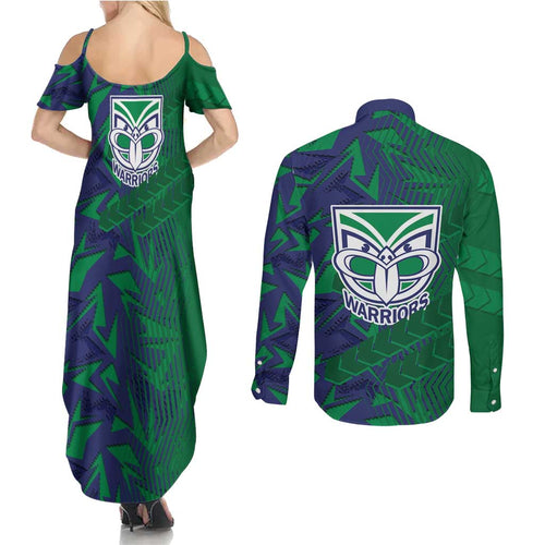 New Zealand Warriors Rugby Couples Matching Summer Maxi Dress and Long Sleeve Button Shirt Fierce Mascot Geometric Tribal Art