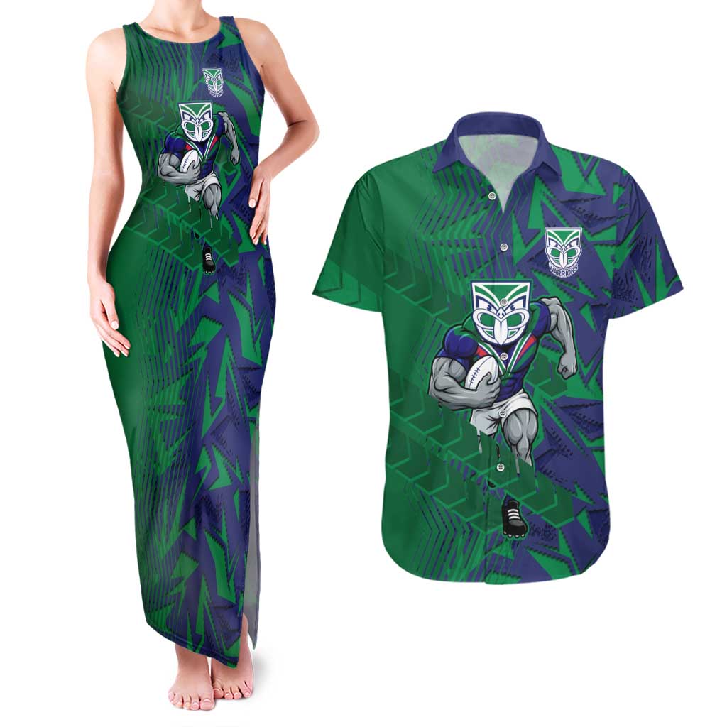 New Zealand Warriors Rugby Couples Matching Tank Maxi Dress and Hawaiian Shirt Fierce Mascot Geometric Tribal Art