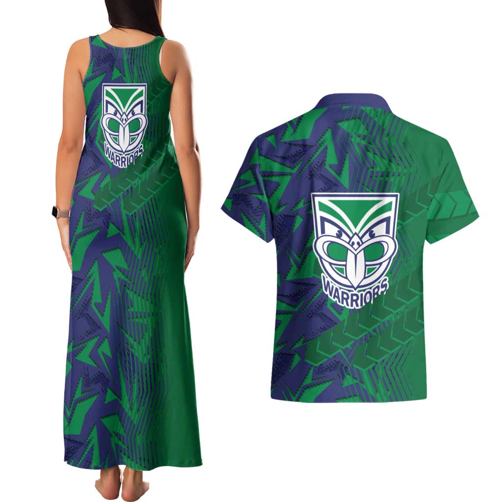 New Zealand Warriors Rugby Couples Matching Tank Maxi Dress and Hawaiian Shirt Fierce Mascot Geometric Tribal Art