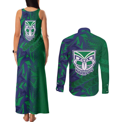 New Zealand Warriors Rugby Couples Matching Tank Maxi Dress and Long Sleeve Button Shirt Fierce Mascot Geometric Tribal Art