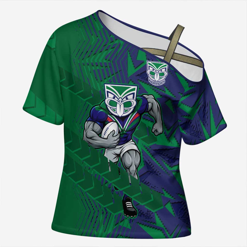 New Zealand Warriors Rugby Cross Shoulder Shirt Fierce Mascot Geometric Tribal Art