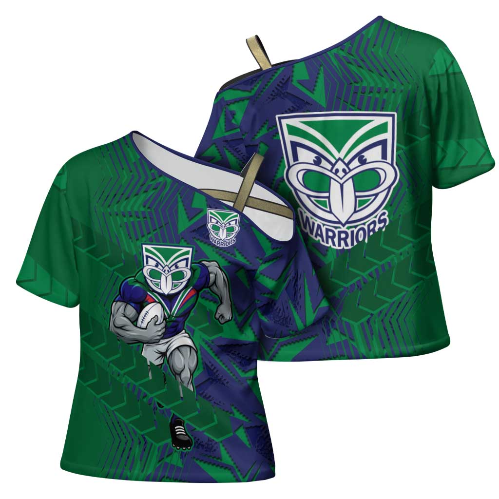 New Zealand Warriors Rugby Cross Shoulder Shirt Fierce Mascot Geometric Tribal Art