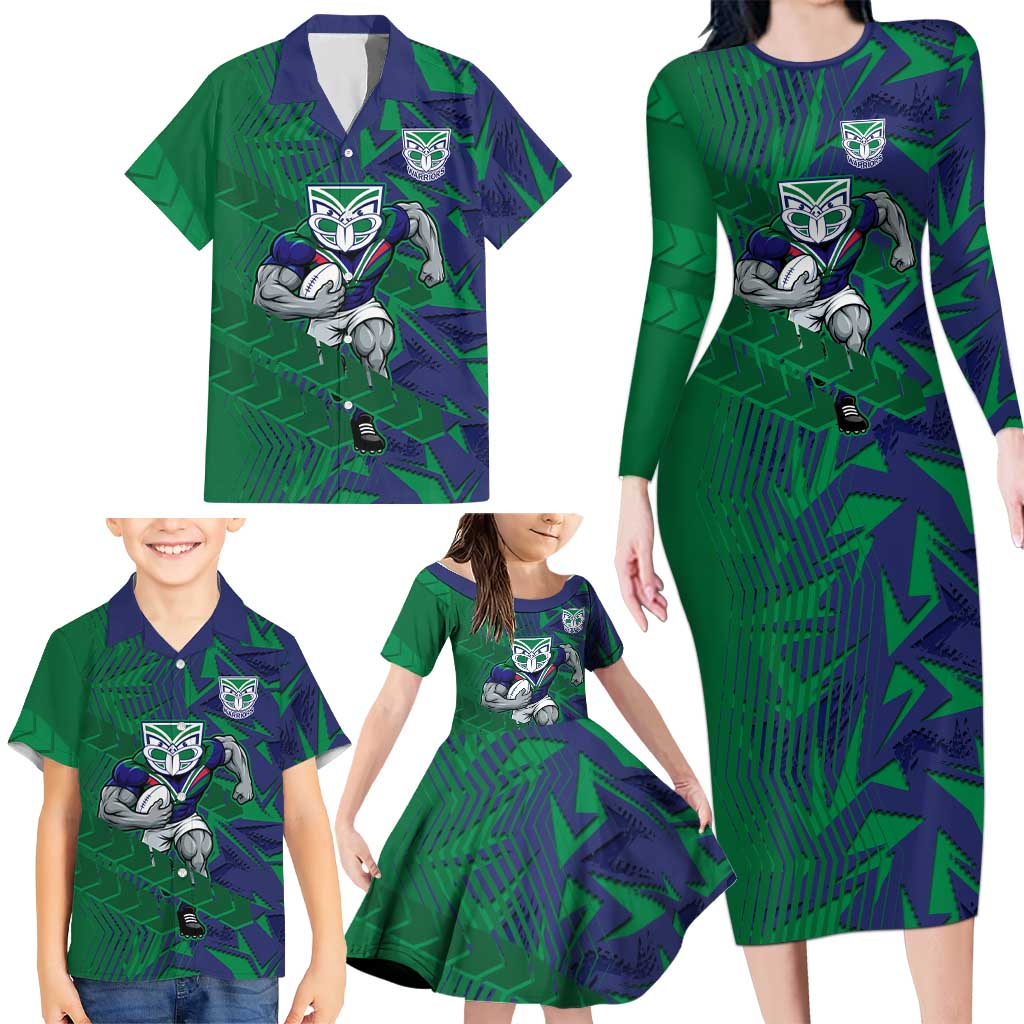 New Zealand Warriors Rugby Family Matching Long Sleeve Bodycon Dress and Hawaiian Shirt Fierce Mascot Geometric Tribal Art