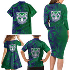New Zealand Warriors Rugby Family Matching Long Sleeve Bodycon Dress and Hawaiian Shirt Fierce Mascot Geometric Tribal Art