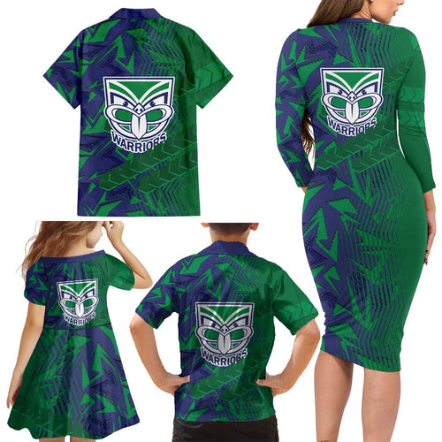 New Zealand Warriors Rugby Family Matching Long Sleeve Bodycon Dress and Hawaiian Shirt Fierce Mascot Geometric Tribal Art