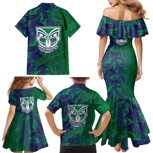 New Zealand Warriors Rugby Family Matching Mermaid Dress and Hawaiian Shirt Fierce Mascot Geometric Tribal Art