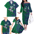 New Zealand Warriors Rugby Family Matching Off The Shoulder Long Sleeve Dress and Hawaiian Shirt Fierce Mascot Geometric Tribal Art